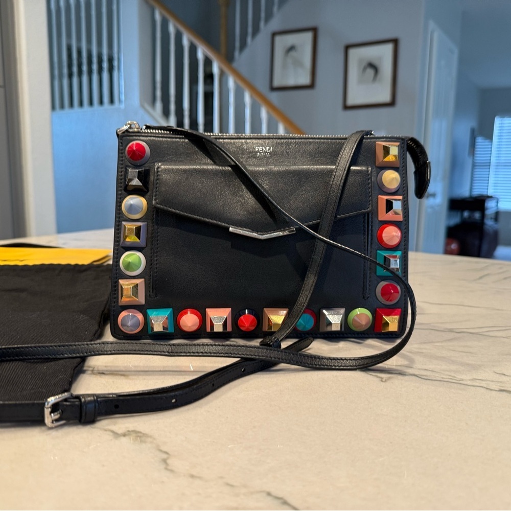 Fendi Vitello Dolce Studded Mini 2Jours Pouch Navy Multicolor Crossbody Clutch - Picture 11 of 16